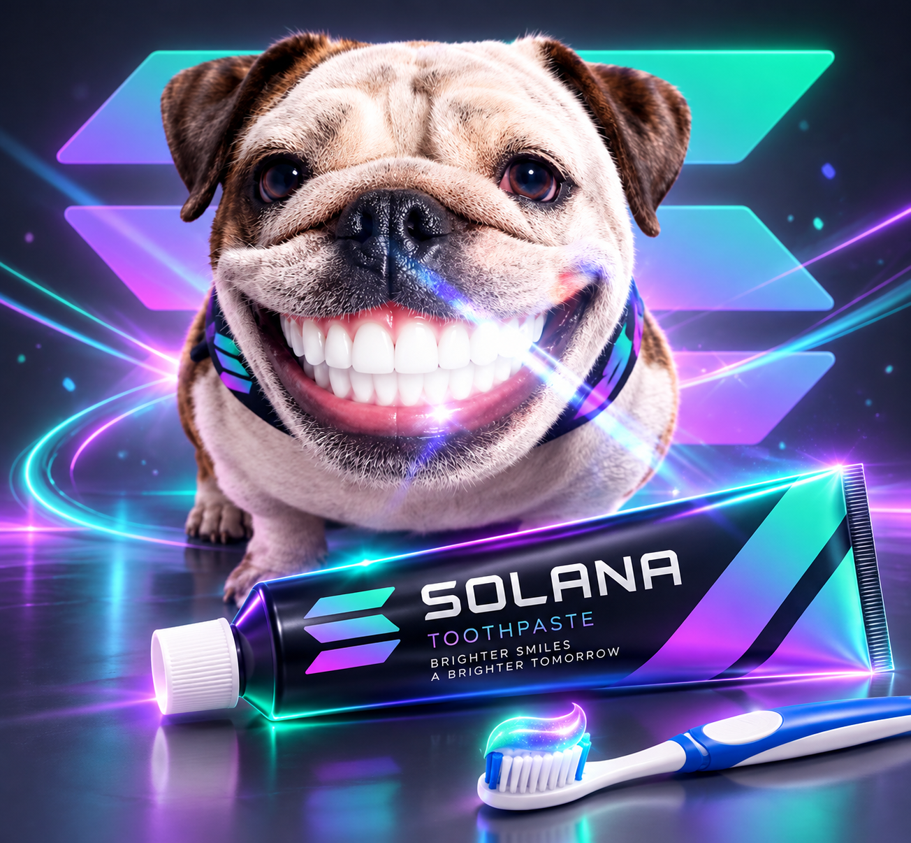 A smiling bulldog with SOLPASTE toothpaste in a neon Solana-inspired scene